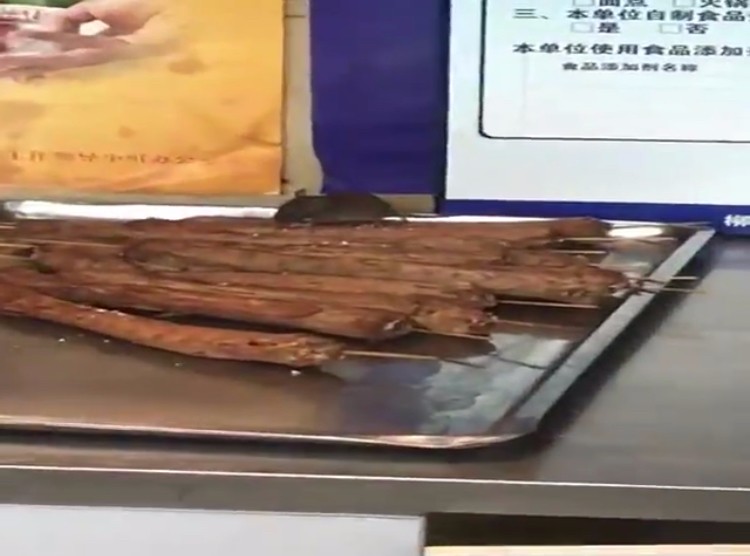 好恶心！城中万达一家烤鸭脖店里，老鼠直接爬到盘子上啃鸭脖