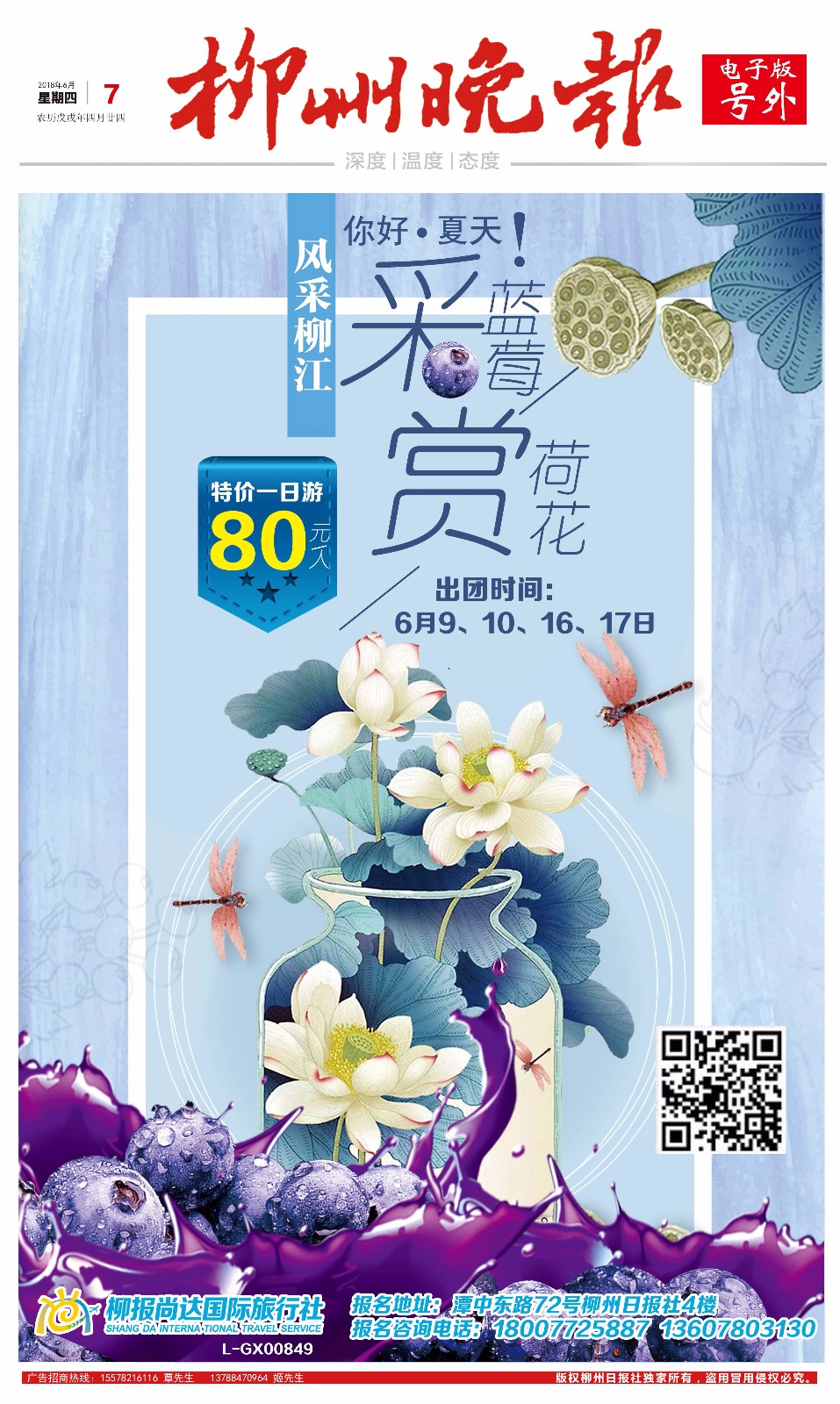 柳州晚报电子号外|采蓝莓赏荷花，风采柳江一日游，特价80元/人！
