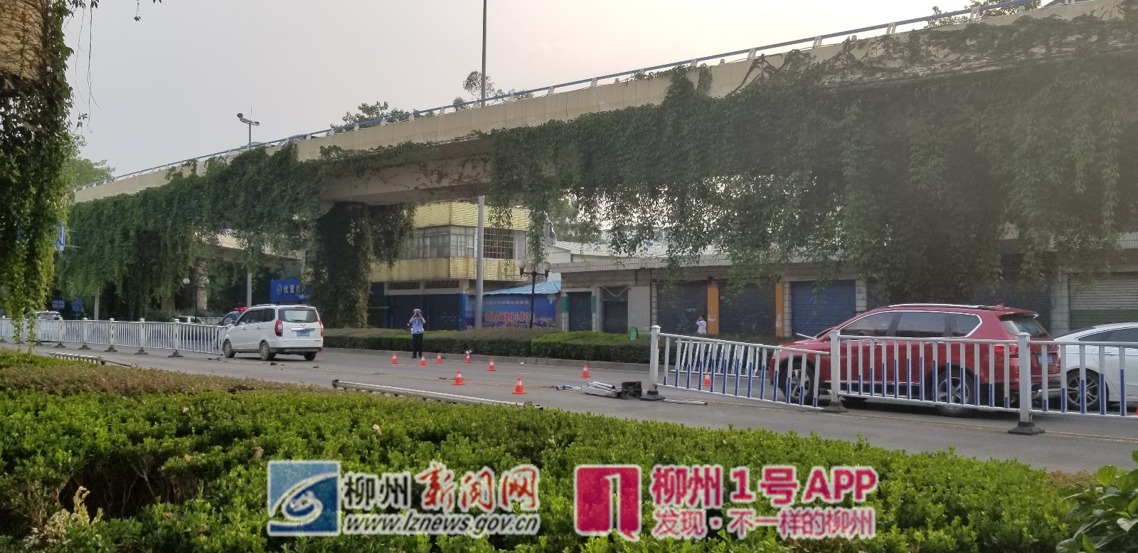 跃进高架桥下一辆轿车突然失控，撞毁道路中间隔离栏
