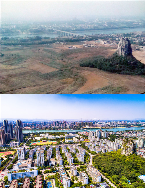 拼版照片:上图为航拍于1993年的柳州市河东片区蜡烛山周边。(资料图片);下图为2018年10月4日用无人机拍摄的河东片区蜡烛山周边。.jpg