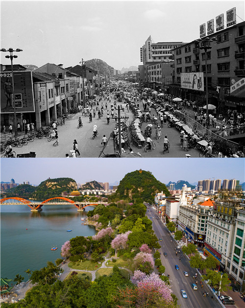 拼版照片:上图为拍摄于1993年的广西柳州市驾鹤路街景。(资料图片);下图为2018年4月3日拍摄的柳州市驾鹤路街景。.jpg