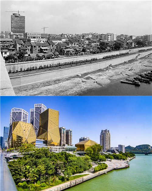 拼版照片:上图为拍摄于1985年的广西柳州市河北片区沿江建筑。(资料图片);下图为2018年10月3日拍摄的广西柳州市河北片区沿江建筑。.jpg