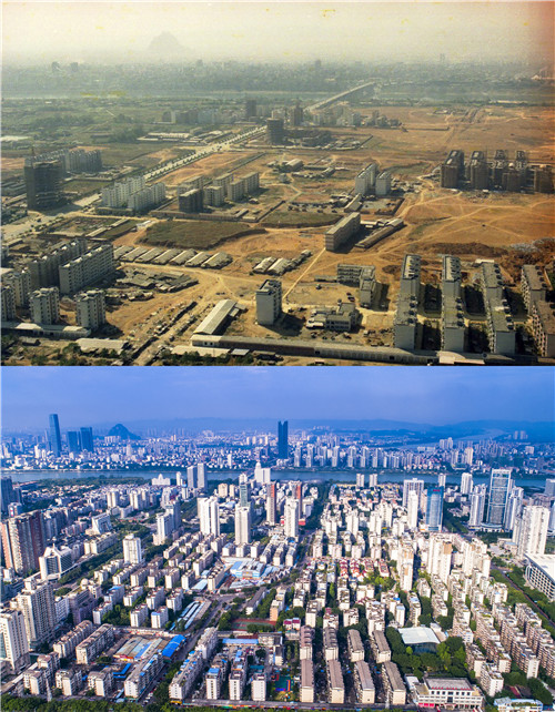 拼版照片:上图为1993年11月航拍的广西柳州市桂中片区。(资料图片);下图为2018年10月4日拍摄的柳州市桂中片区。.jpg