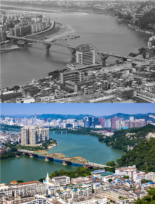 拼版照片:上图为拍摄于1996年的广西柳州市文惠桥两岸城市景观。(资料图片);下图为2018年10月4日拍摄的广西柳州市文惠桥两岸城市景观。.jpg