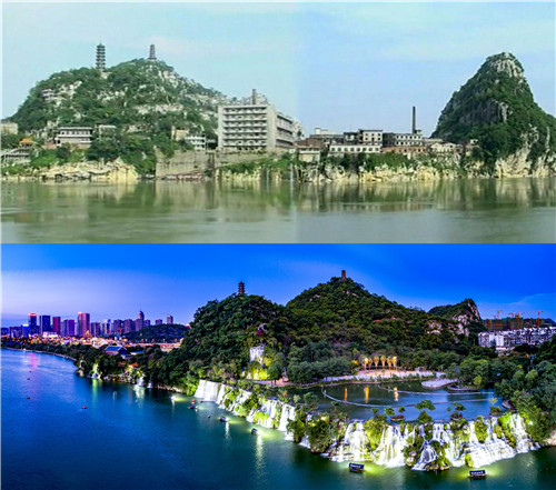 拼版照片:上图为拍摄于上世纪90年代的广西柳州市蟠龙山附近的沿江建筑。(资料图片);下图为2018年5月25日拍摄的广西柳州市蟠龙山附近城市景观。.jpg