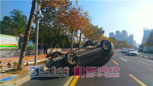 怎么开的？城中万达对面黑色轿车撞树四轮朝天，司机：打瞌睡了